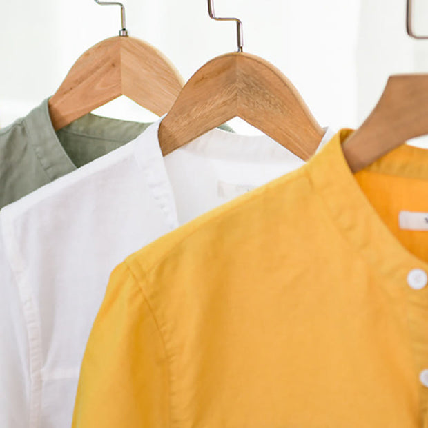 Buddha Stones Summer Daily Solid Color Stand Collar Short Sleeve Button Design Men's Cotton Linen Shirt With Pocket