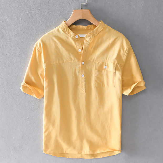 Buddha Stones Summer Daily Solid Color Stand Collar Short Sleeve Button Design Men's Cotton Linen Shirt With Pocket