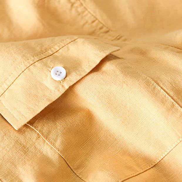 Buddha Stones Summer Daily Solid Color Stand Collar Short Sleeve Button Design Men's Cotton Linen Shirt With Pocket