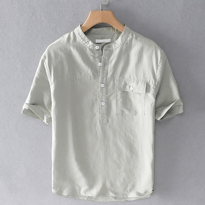 Buddha Stones Summer Daily Solid Color Stand Collar Short Sleeve Button Design Men's Cotton Linen Shirt With Pocket