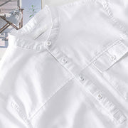 Buddha Stones Summer Daily Solid Color Stand Collar Short Sleeve Button Design Men's Cotton Linen Shirt With Pocket