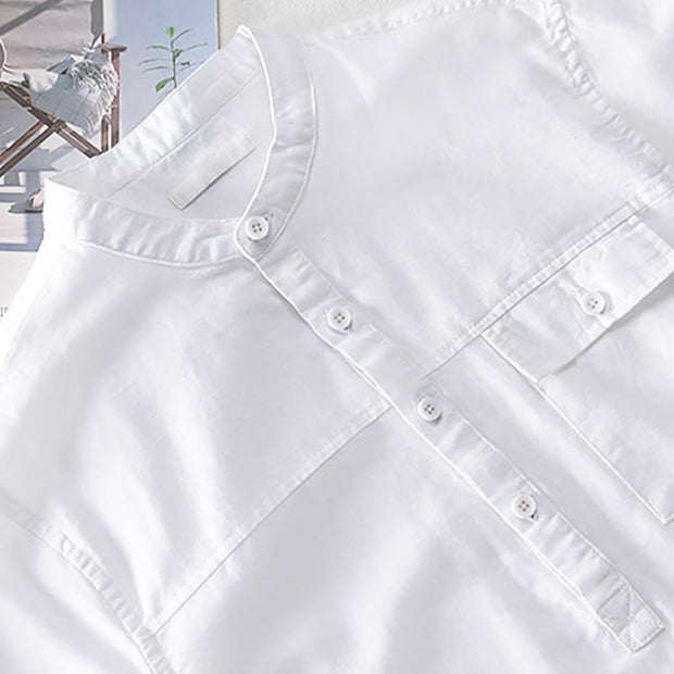 Buddha Stones Summer Daily Solid Color Stand Collar Short Sleeve Button Design Men's Cotton Linen Shirt With Pocket