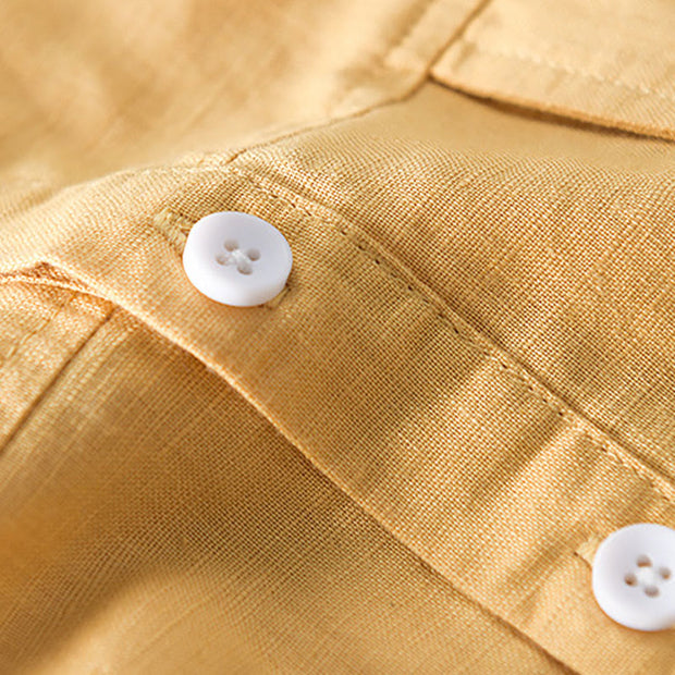 Buddha Stones Summer Daily Solid Color Stand Collar Short Sleeve Button Design Men's Cotton Linen Shirt With Pocket
