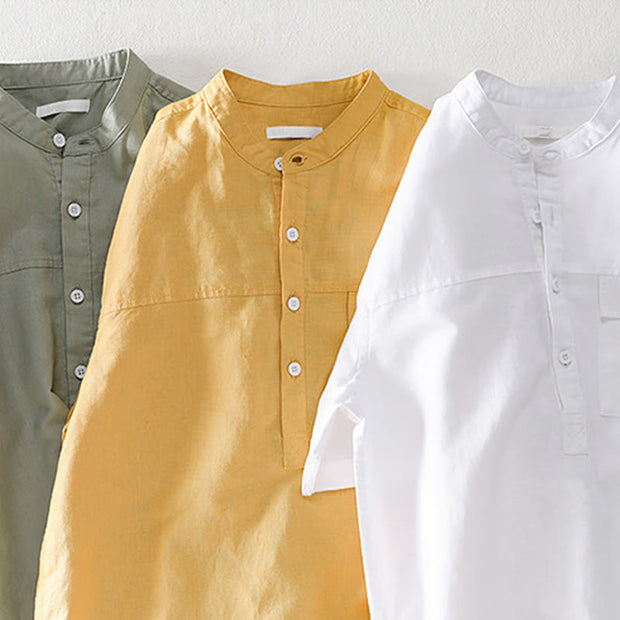Buddha Stones Summer Daily Solid Color Stand Collar Short Sleeve Button Design Men's Cotton Linen Shirt With Pocket