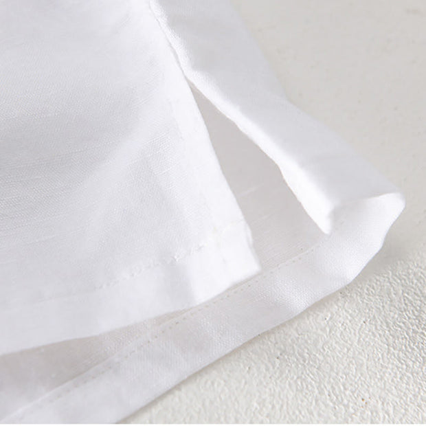 Buddha Stones Summer Daily Solid Color Stand Collar Short Sleeve Button Design Men's Cotton Linen Shirt With Pocket