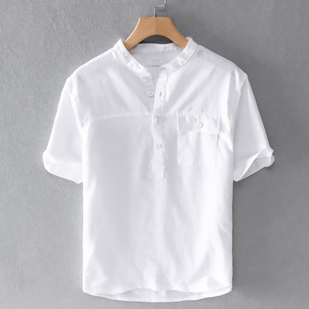 Buddha Stones Summer Daily Solid Color Stand Collar Short Sleeve Button Design Men's Cotton Linen Shirt With Pocket