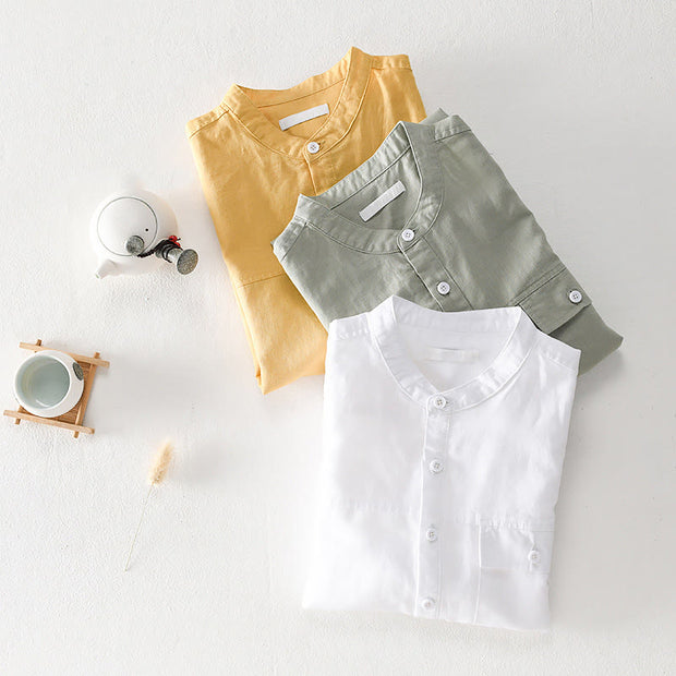 Buddha Stones Summer Daily Solid Color Stand Collar Short Sleeve Button Design Men's Cotton Linen Shirt With Pocket