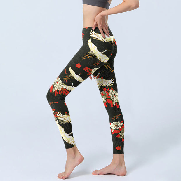 Buddha Stones Red-crowned Cranes Peony Flowers Pattern Print Gym Leggings Women's Yoga Pants