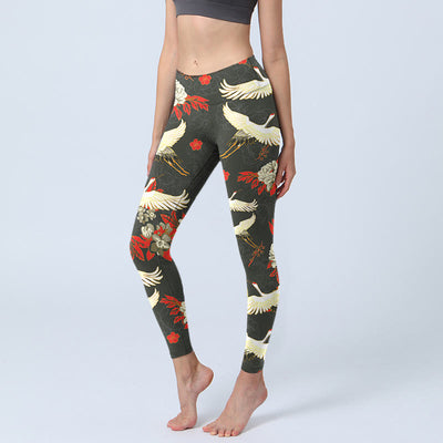 Buddha Stones Red-crowned Cranes Peony Flowers Pattern Print Gym Leggings Women's Yoga Pants