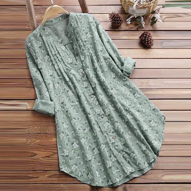 Buddha Stones Florals Buttons Long Sleeve Cotton Women's Shirt