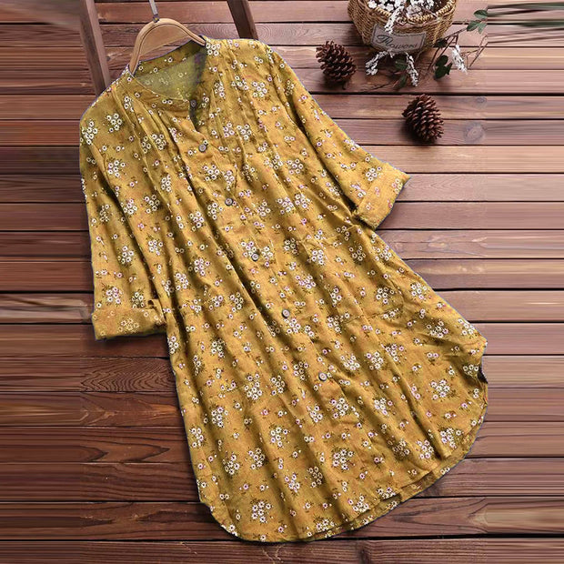 Buddha Stones Florals Buttons Long Sleeve Cotton Women's Shirt