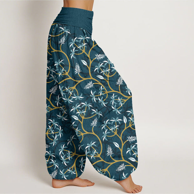 Buddha Stones Golden Branches Leaves Flower Pattern Women's Elastic Waist Harem Pants