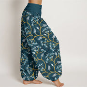 Buddha Stones Golden Branches Leaves Flower Pattern Women's Elastic Waist Harem Pants - image 3