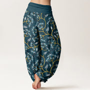 Buddha Stones Golden Branches Leaves Flower Pattern Women's Elastic Waist Harem Pants