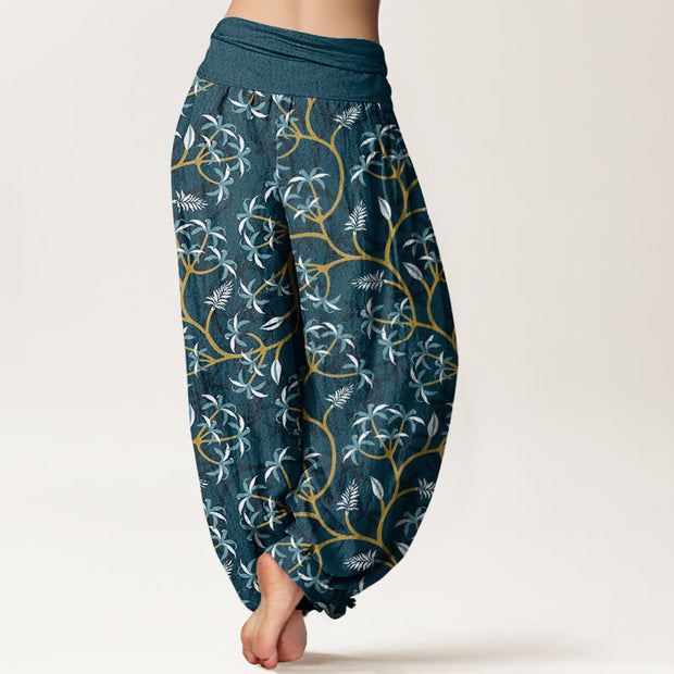 Buddha Stones Golden Branches Leaves Flower Pattern Women's Elastic Waist Harem Pants
