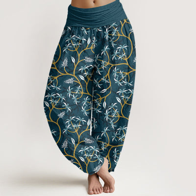 Buddha Stones Golden Branches Leaves Flower Pattern Women's Elastic Waist Harem Pants