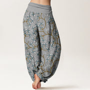 Buddha Stones Golden Branches Leaves Flower Pattern Women's Elastic Waist Harem Pants