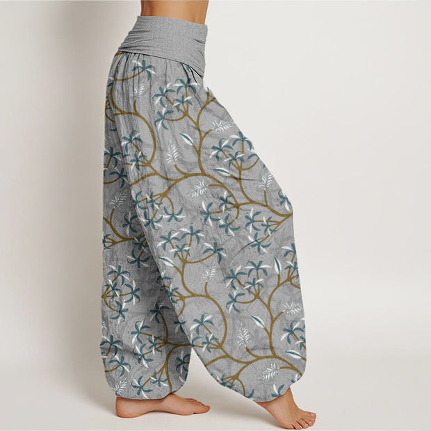 Buddha Stones Golden Branches Leaves Flower Pattern Women's Elastic Waist Harem Pants