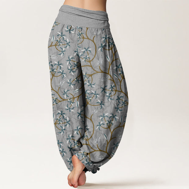 Buddha Stones Golden Branches Leaves Flower Pattern Women's Elastic Waist Harem Pants