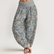 Buddha Stones Golden Branches Leaves Flower Pattern Women's Elastic Waist Harem Pants