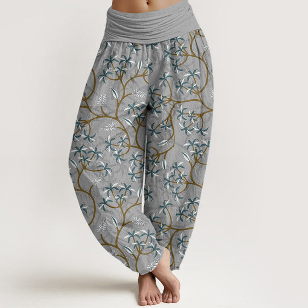 Buddha Stones Golden Branches Leaves Flower Pattern Women's Elastic Waist Harem Pants