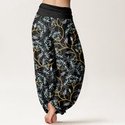 Buddha Stones Golden Branches Leaves Flower Pattern Women's Elastic Waist Harem Pants