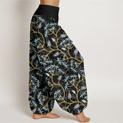 Buddha Stones Golden Branches Leaves Flower Pattern Women's Elastic Waist Harem Pants