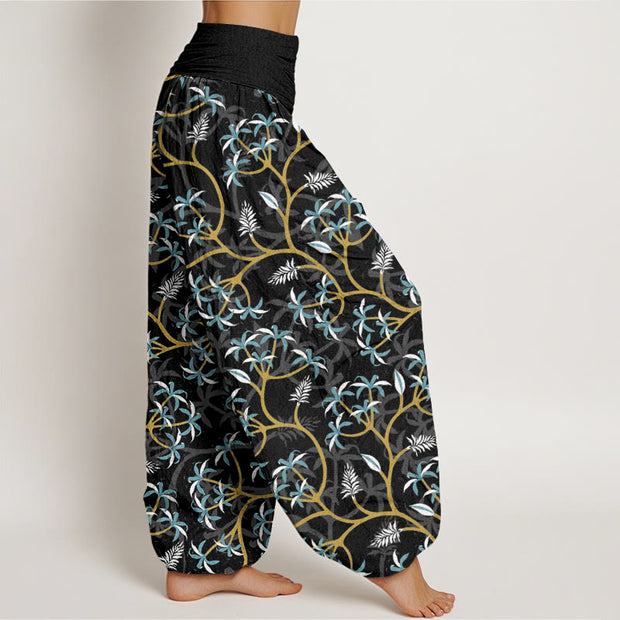 Buddha Stones Golden Branches Leaves Flower Pattern Women's Elastic Waist Harem Pants