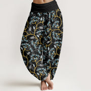 Buddha Stones Golden Branches Leaves Flower Pattern Women's Elastic Waist Harem Pants
