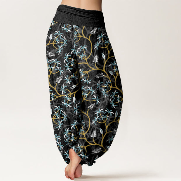 Buddha Stones Golden Branches Leaves Flower Pattern Women's Elastic Waist Harem Pants