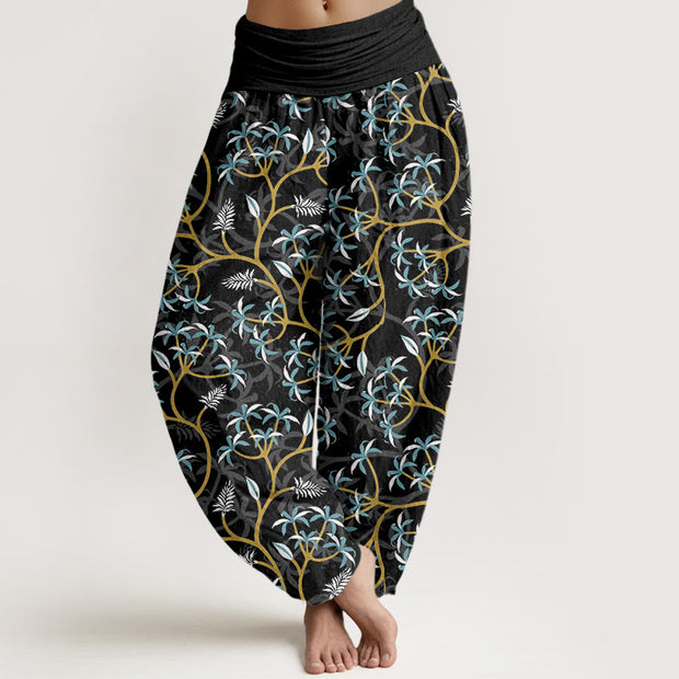 Buddha Stones Golden Branches Leaves Flower Pattern Women's Elastic Waist Harem Pants - Black - US22，UK/AU26，EU54 (6XL) - image 8