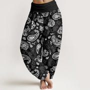 Buddha Stones Casual White Paisley Pattern Women's Elastic Waist Harem Pants