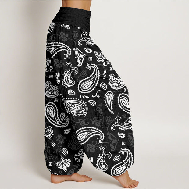 Buddha Stones Casual White Paisley Pattern Women's Elastic Waist Harem Pants