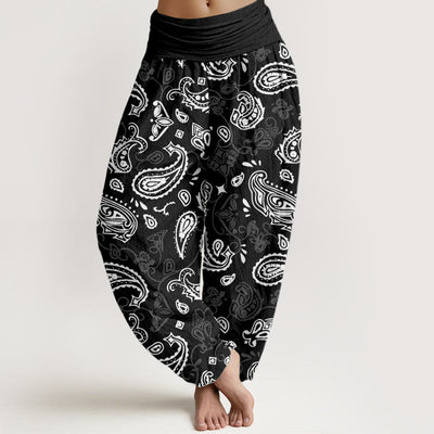 Buddha Stones Casual White Paisley Pattern Women's Elastic Waist Harem Pants