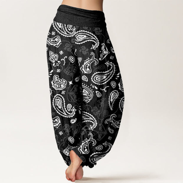 Buddha Stones Casual White Paisley Pattern Women's Elastic Waist Harem Pants