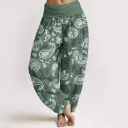 Buddha Stones Casual White Paisley Pattern Women's Elastic Waist Harem Pants