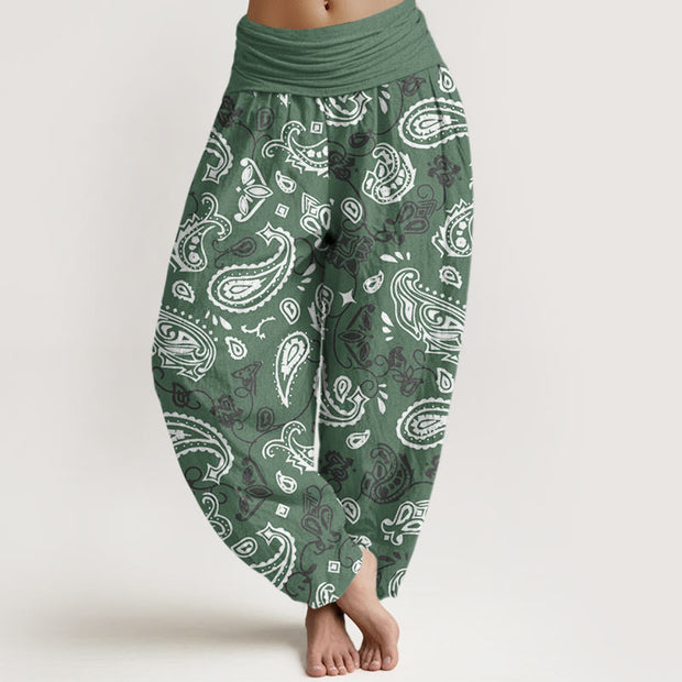 Buddha Stones Casual White Paisley Pattern Women's Elastic Waist Harem Pants