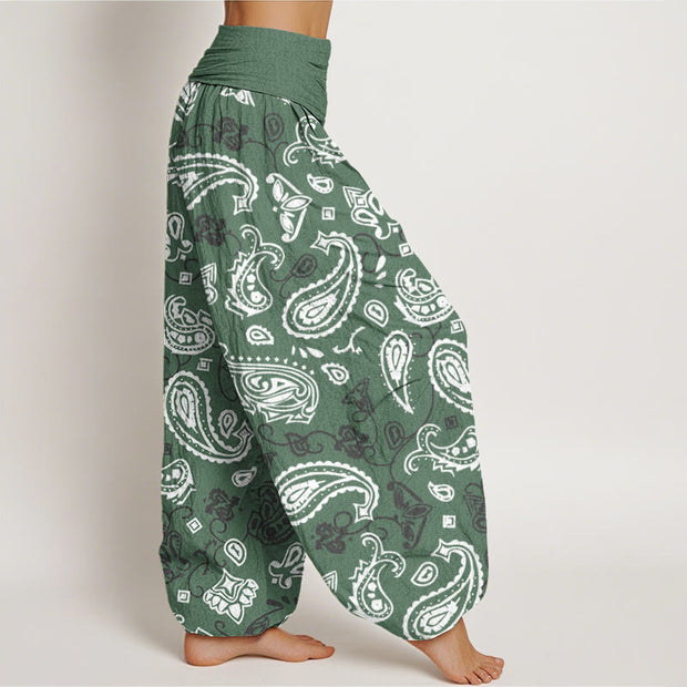 Buddha Stones Casual White Paisley Pattern Women's Elastic Waist Harem Pants
