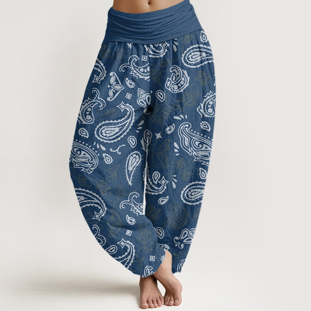 Buddha Stones Casual White Paisley Pattern Women's Elastic Waist Harem Pants