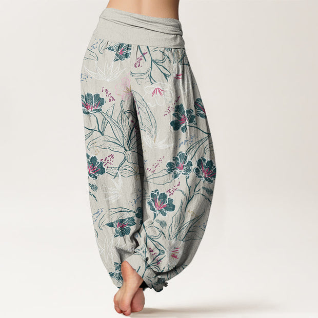 Buddha Stones Casual Tropical Flowers Foliage Pattern Women's Elastic Waist Harem Pants