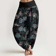 Buddha Stones Casual Tropical Flowers Foliage Pattern Women's Elastic Waist Harem Pants - Black - US22，UK/AU26，EU54 (6XL) - image 8