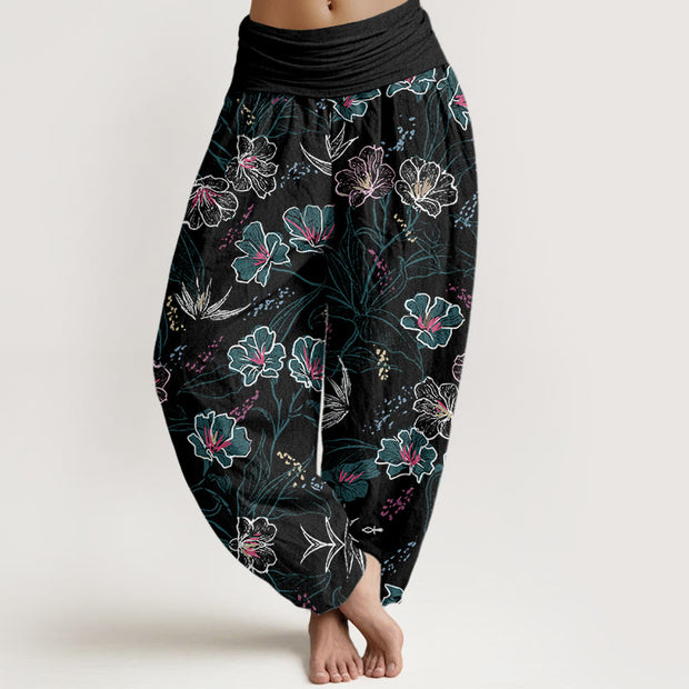 Buddha Stones Casual Tropical Flowers Foliage Pattern Women's Elastic Waist Harem Pants - Black - US22，UK/AU26，EU54 (6XL) - image 8