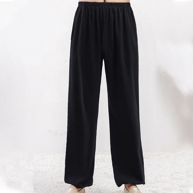 Buddha Stones Summer Solid Color Unisex Elastic Waist Tai Chi Qigong Practice Pants With Pockets