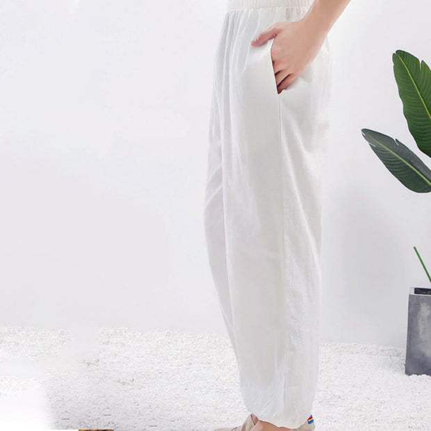 Buddha Stones Summer Solid Color Unisex Elastic Waist Tai Chi Qigong Practice Pants With Pockets