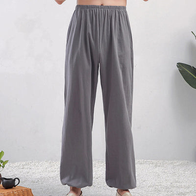 Buddha Stones Summer Solid Color Unisex Elastic Waist Tai Chi Qigong Practice Pants With Pockets