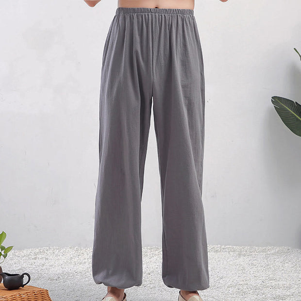 Buddha Stones Summer Solid Color Unisex Elastic Waist Tai Chi Qigong Practice Pants With Pockets