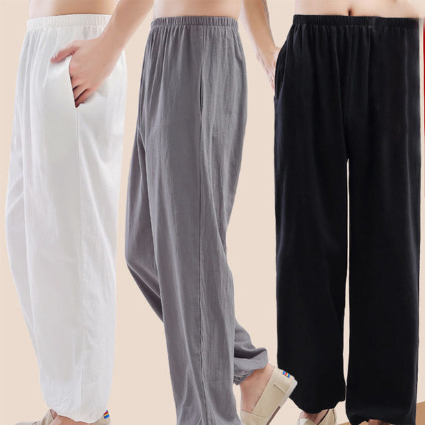 Buddha Stones Summer Solid Color Unisex Elastic Waist Tai Chi Qigong Practice Pants With Pockets