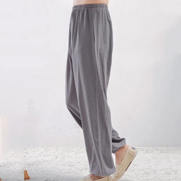 Buddha Stones Summer Solid Color Unisex Elastic Waist Tai Chi Qigong Practice Pants With Pockets