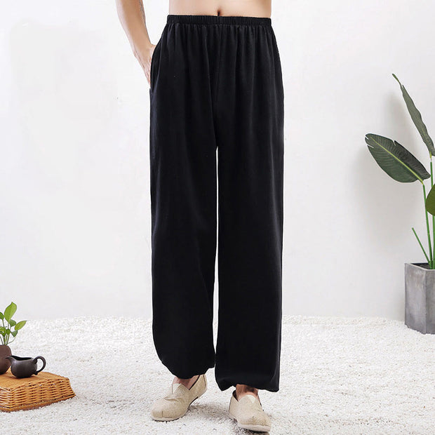 Buddha Stones Summer Solid Color Unisex Elastic Waist Tai Chi Qigong Practice Pants With Pockets
