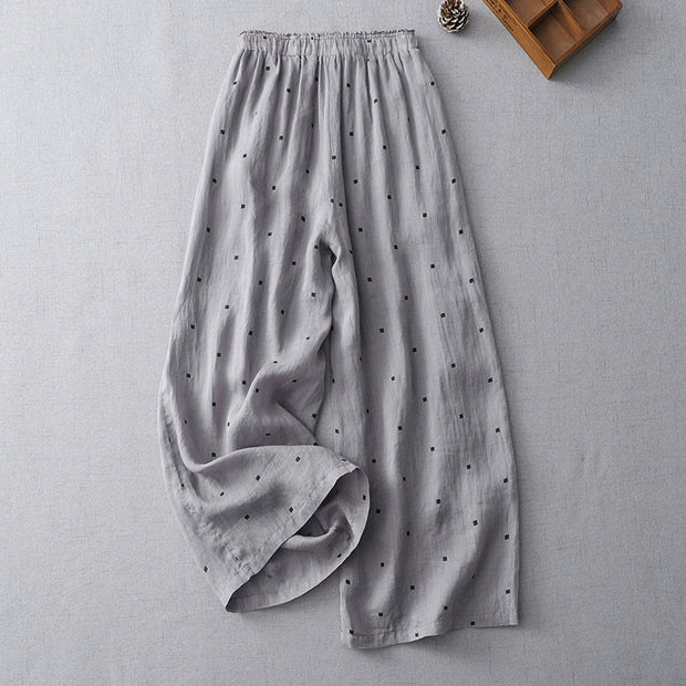 Buddha Stones Summer Casual Polka Dot Pattern Design Cotton Linen Women's Wide Leg Pants With Pockets